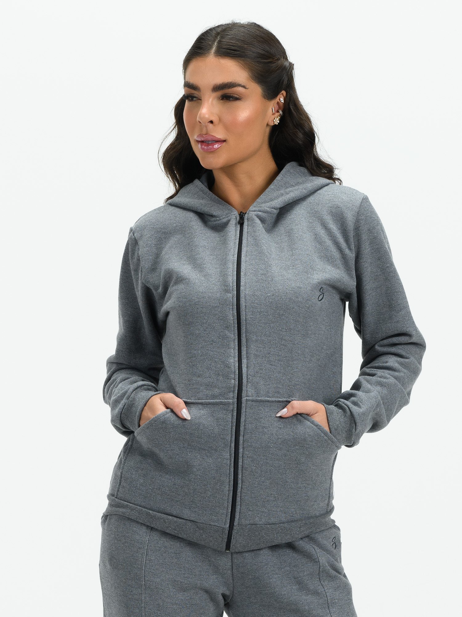 Feminino Com Ziper Casaco Moletom Feminino Cinza Moletons E