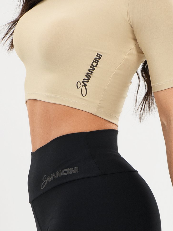 conjunto legging preta e cropped bege moving savancini 73007711