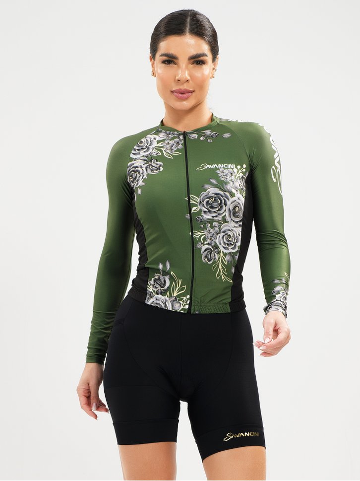 camisa ciclismo feminino manga longa verde flowers black savancini 1