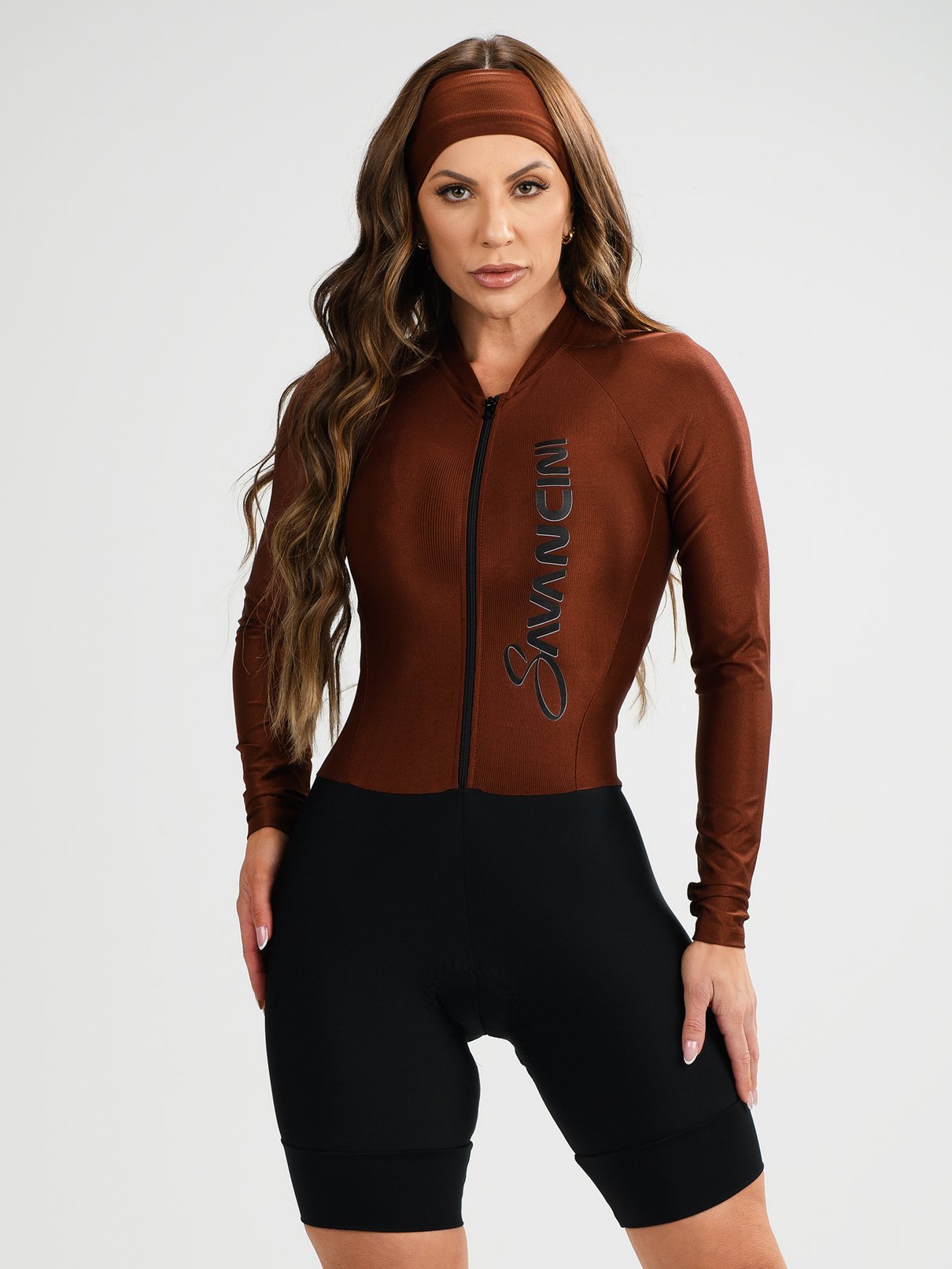 macaquinho ciclismo feminino manga longa black star marrom savancini stb460 2