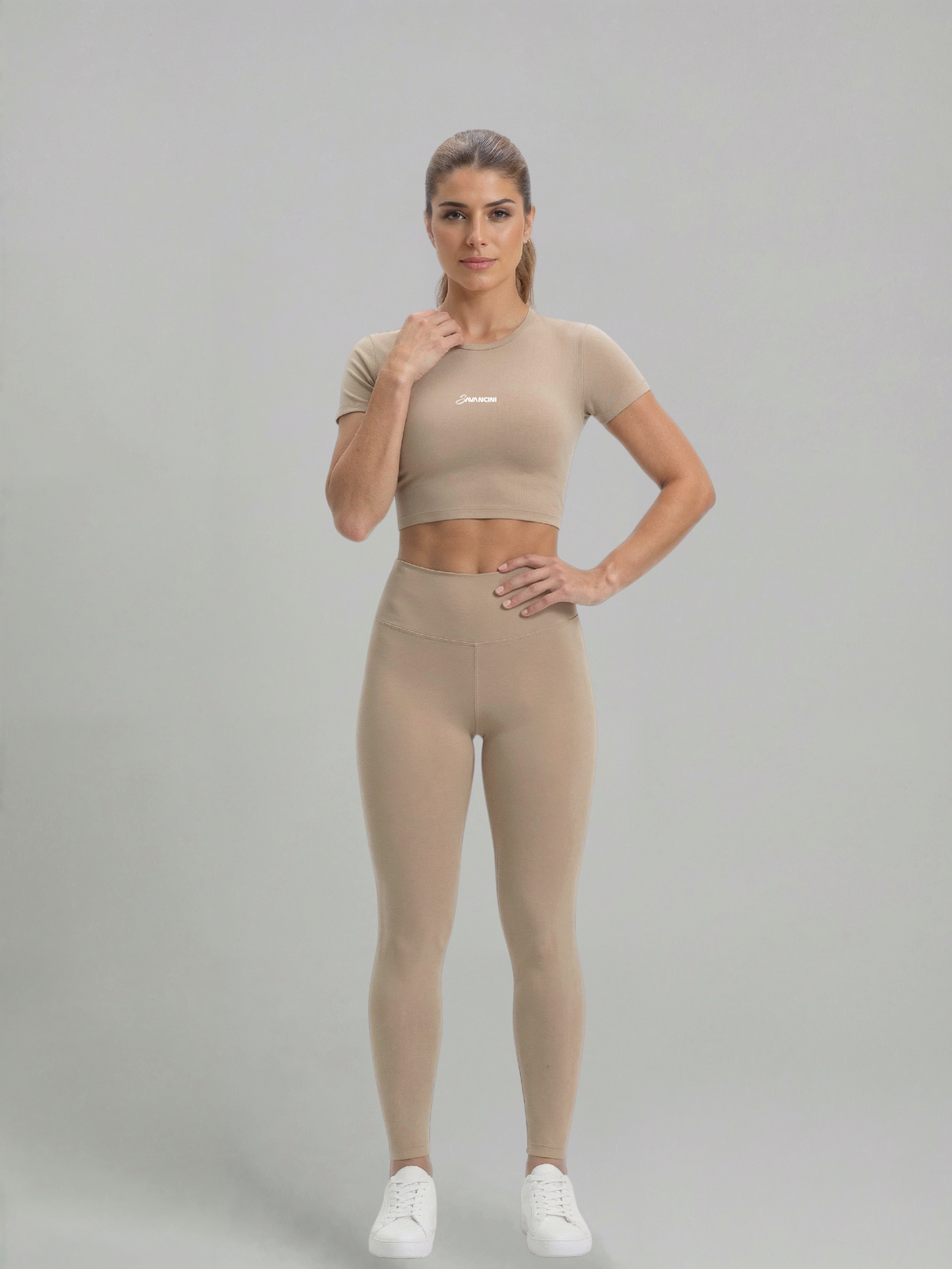 Conjunto Legging Cropped Savancini Flow Capuccino — vista frontal