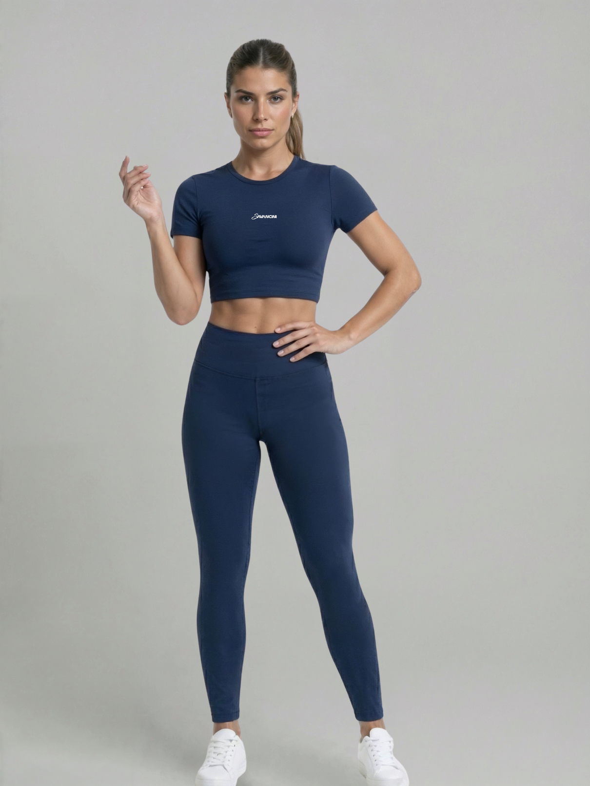 Conjunto Legging Cropped Savancini Flow Marinho &mdash; vista frontal